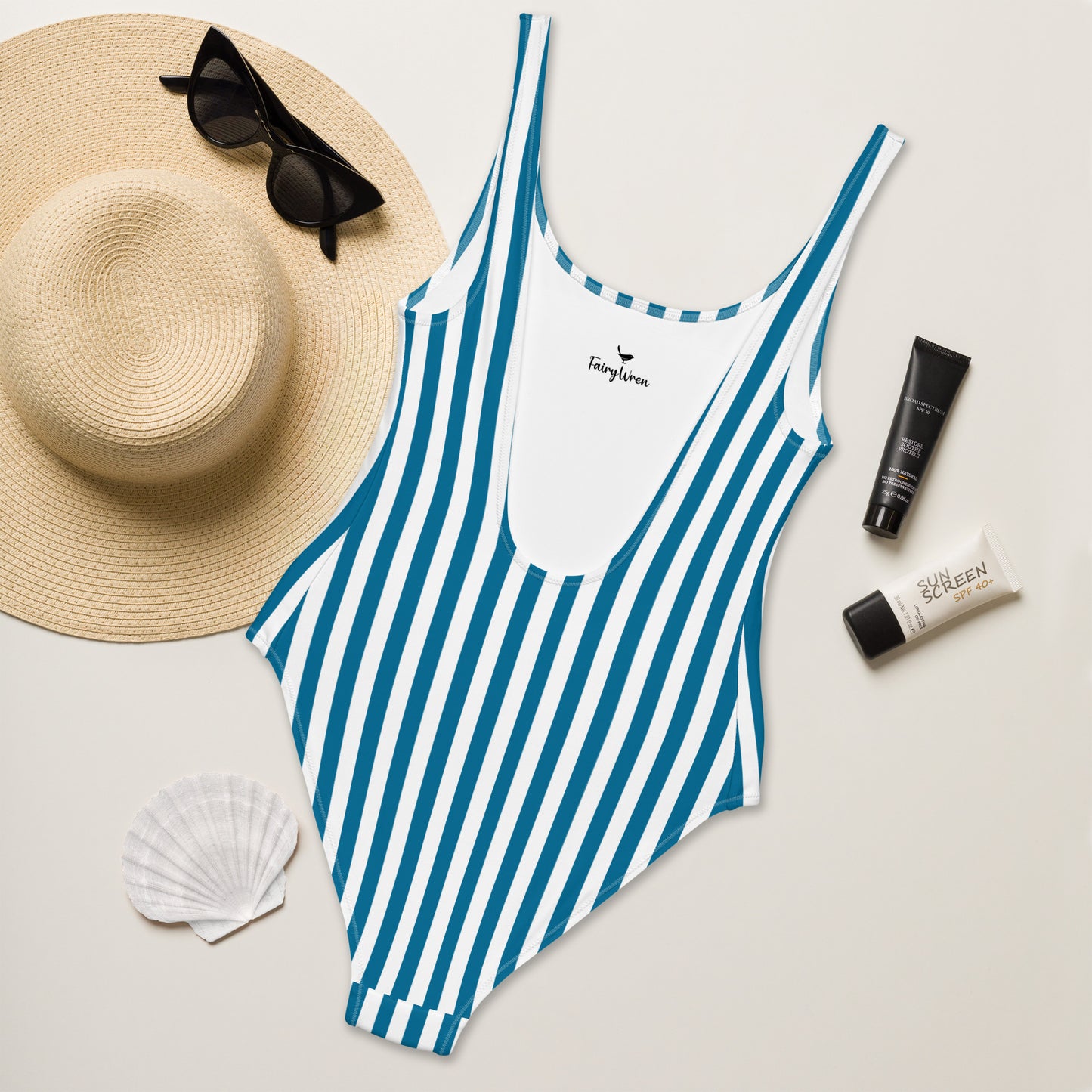 Cerulean Blue Striped One-Piece Swimsuit