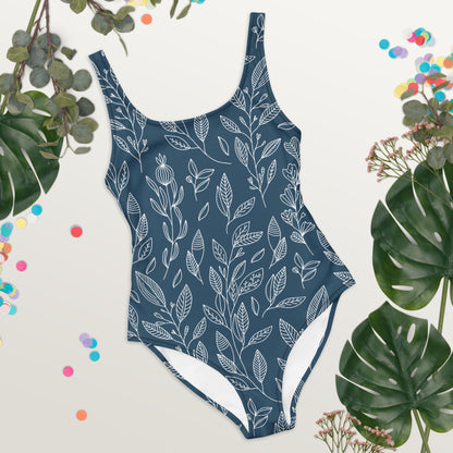 Navy Blue Botanical One-Piece Swimsuit