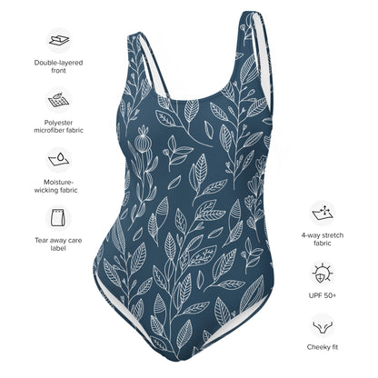 Navy Blue Botanical One-Piece Swimsuit