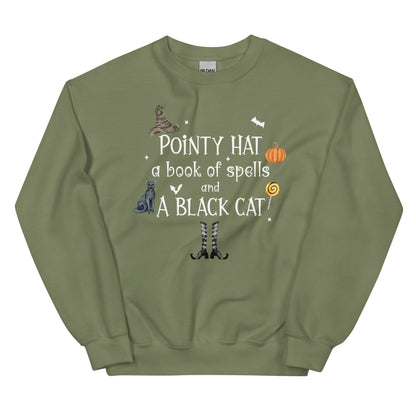 Pointy Hat, a Book of Spells, and a Black Cat Witchy Halloween Sweatshirt