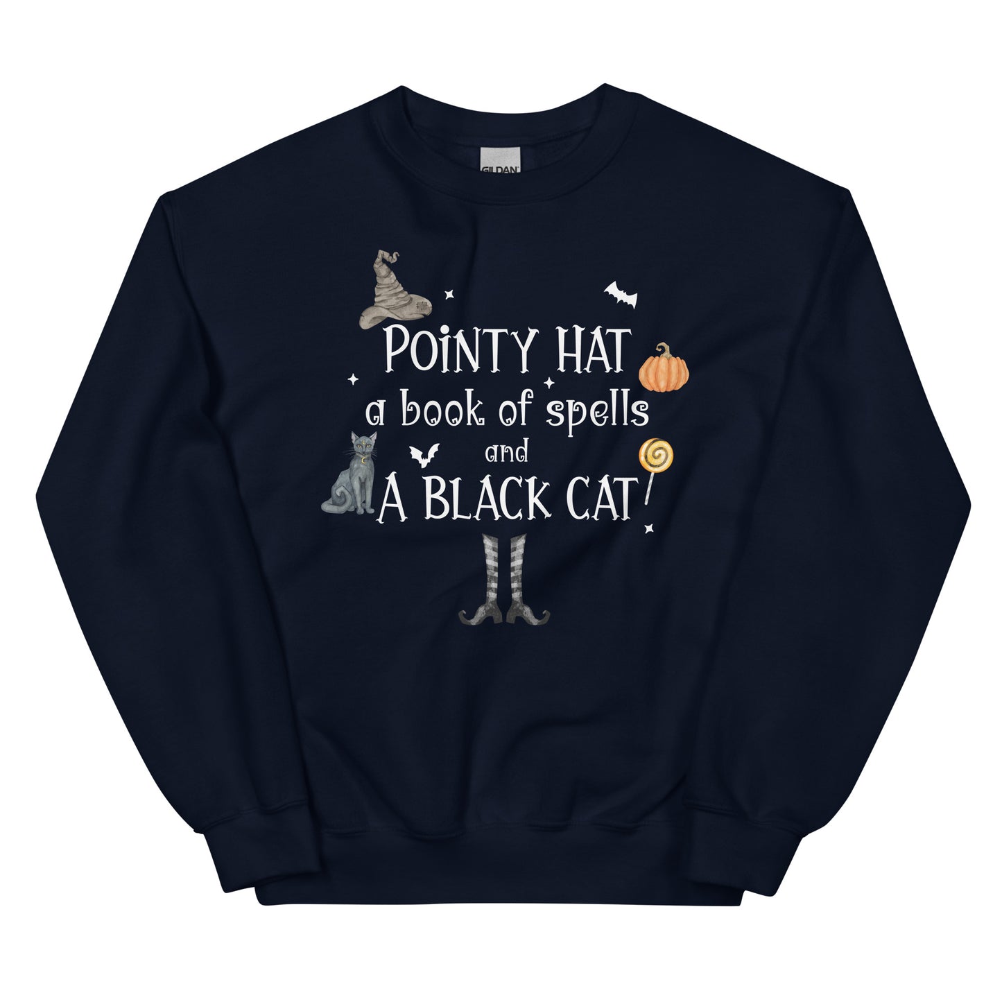 Pointy Hat, a Book of Spells, and a Black Cat Witchy Halloween Sweatshirt