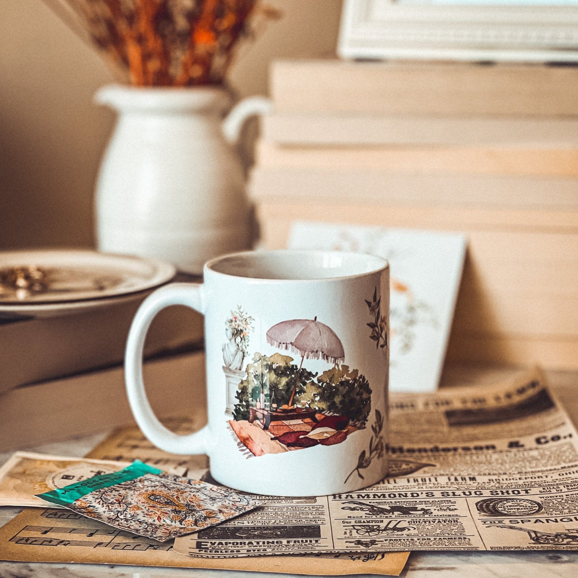 Bookish mug with a picture of a garden and a quote by Keats